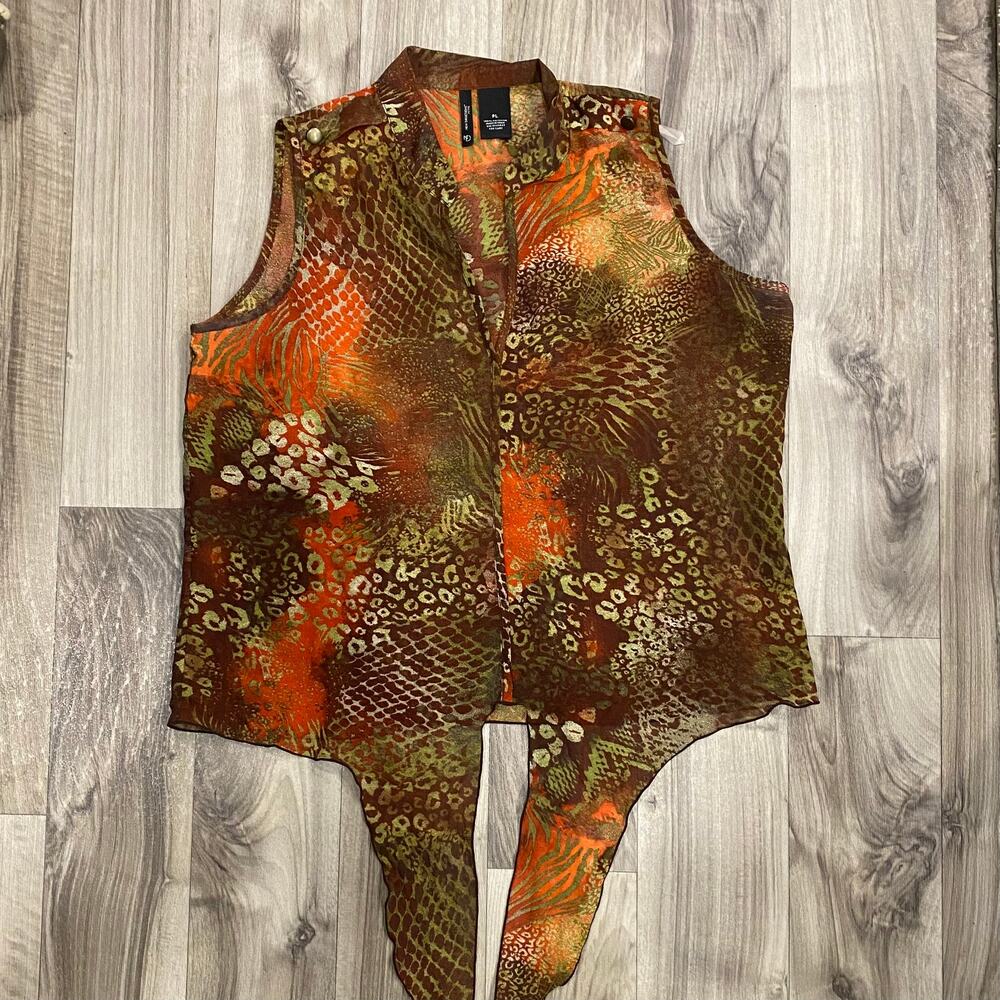 New Directions L Orange/Brown Abstract Print Sleeveless Tie Front Blouse